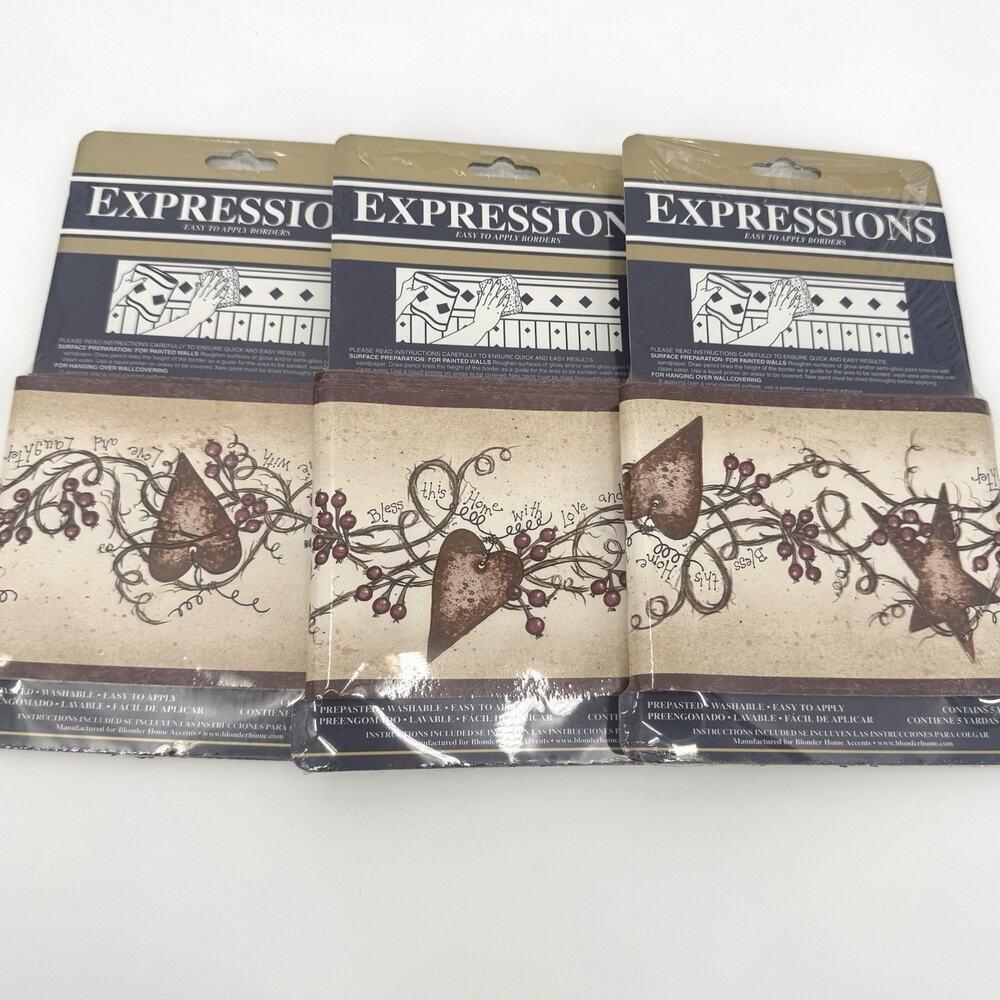 Expressions Rusty Hearts & Stars Wallpaper Lot of 3 Border 5 yards SB10238B NOS